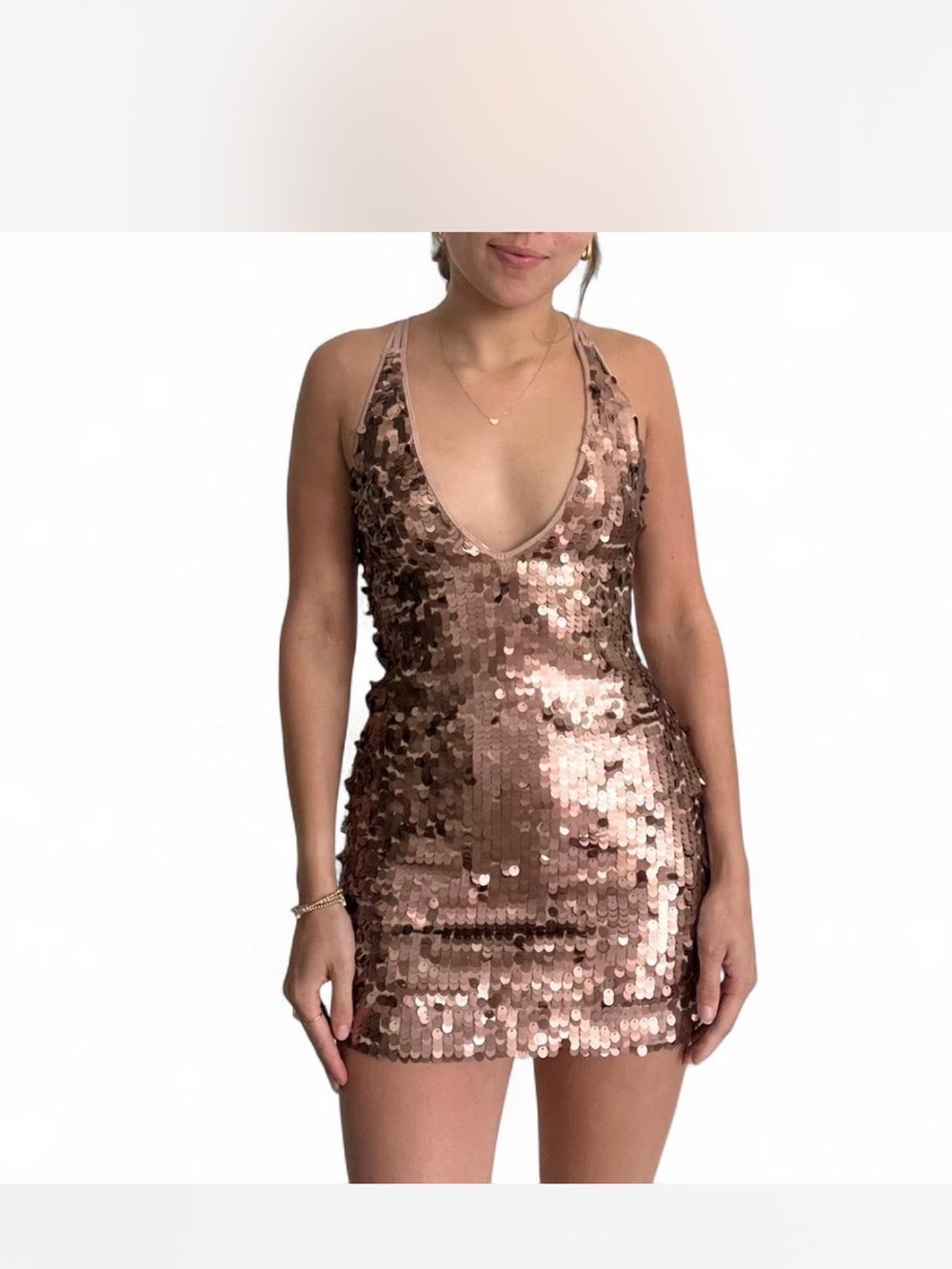 Kimchi Blue Rose Gold Sequin Plunge Mini Dress